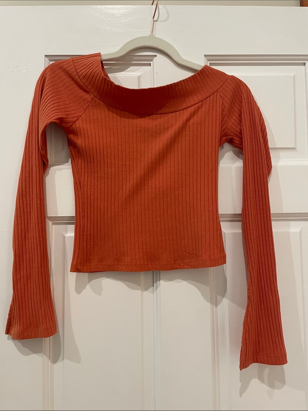 Ribbed Off-Shoulder Long Sleeve cropped Top - Rust Orange